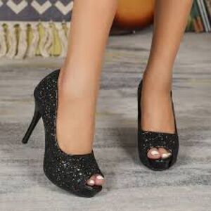 Women’s Rennege Black Glitter Sequin Peep Toe Platform Heels Size 9 US!